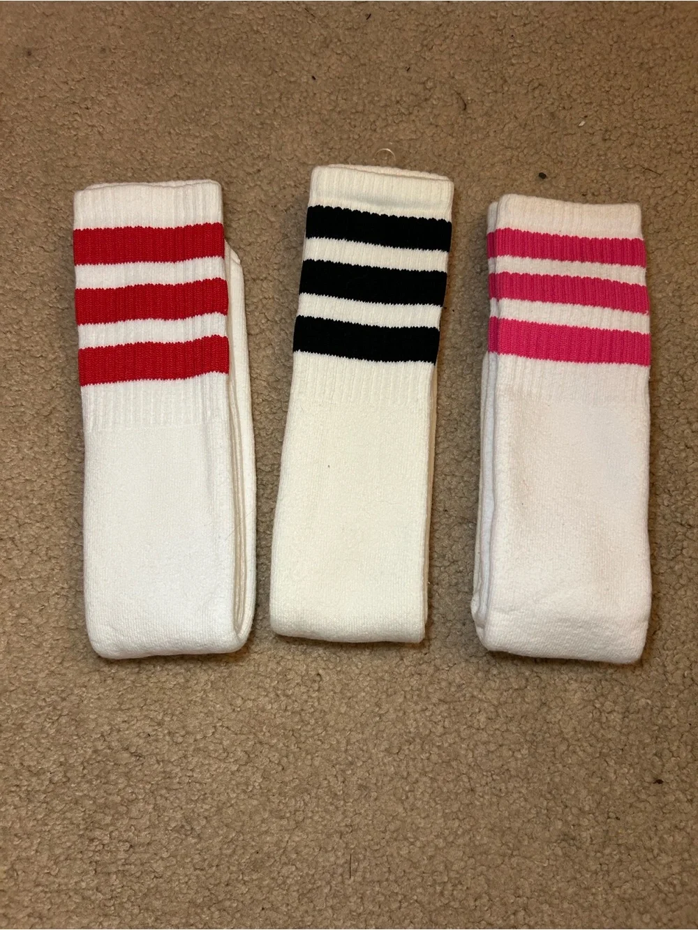 NWT, White Knee-High Socks with Stripes - Athletic Tube Socks